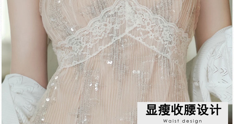 Sequins V-neck strap dress white slim dress for women