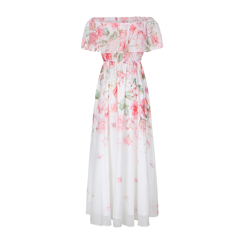 Horizontal collar pinched waist dress chiffon beach dress