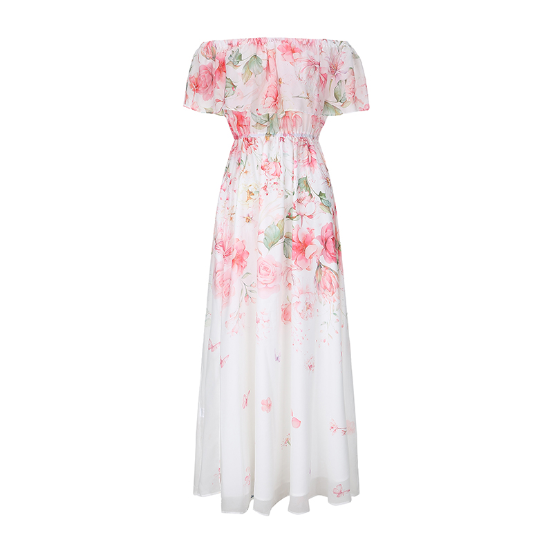 Horizontal collar pinched waist dress chiffon beach dress