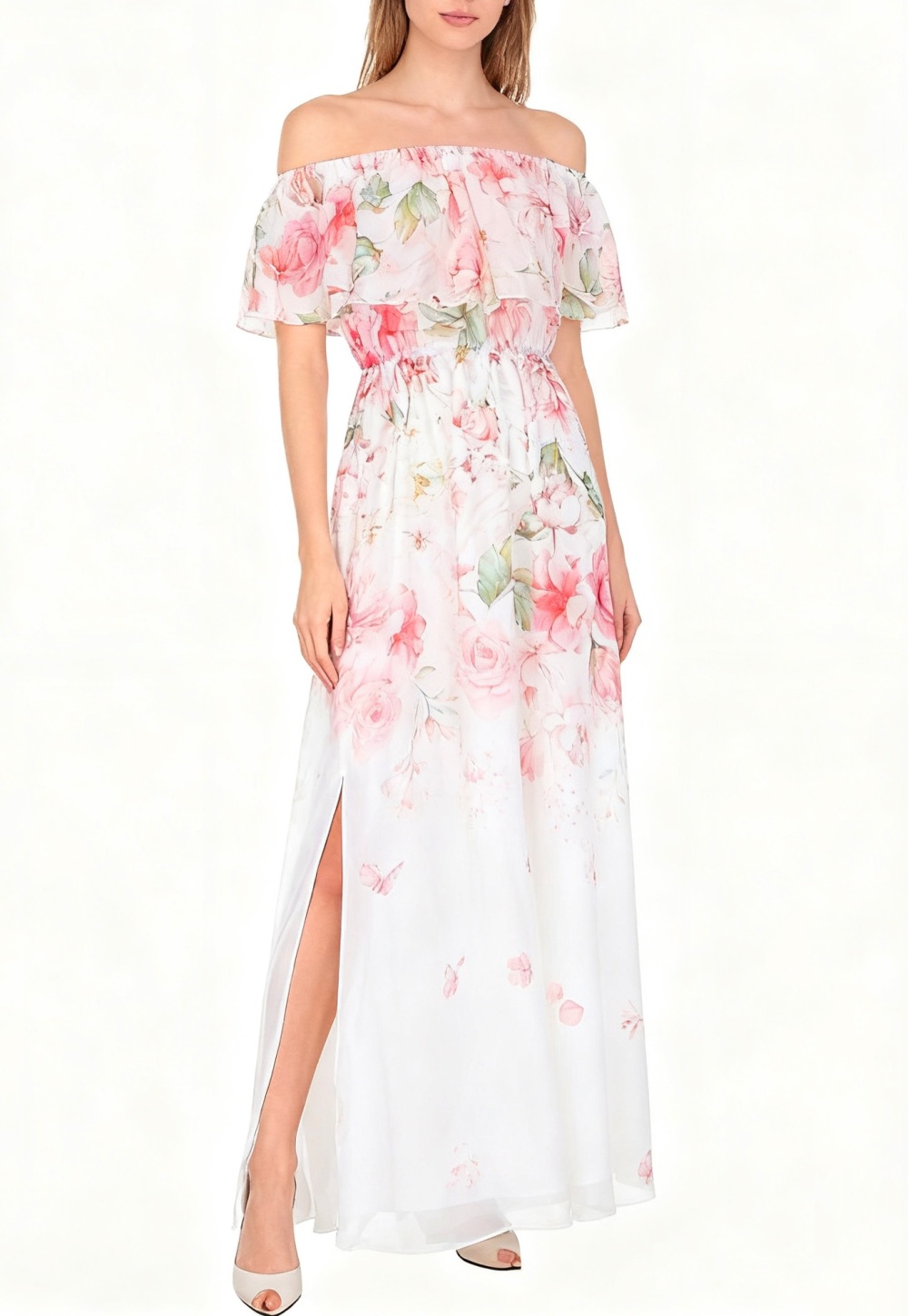 Horizontal collar pinched waist dress chiffon beach dress