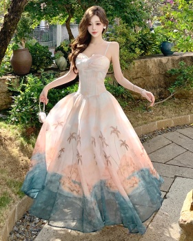 Printing blooming long dress France style temperament dress