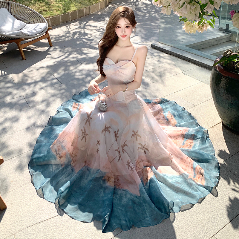 Printing blooming long dress France style temperament dress