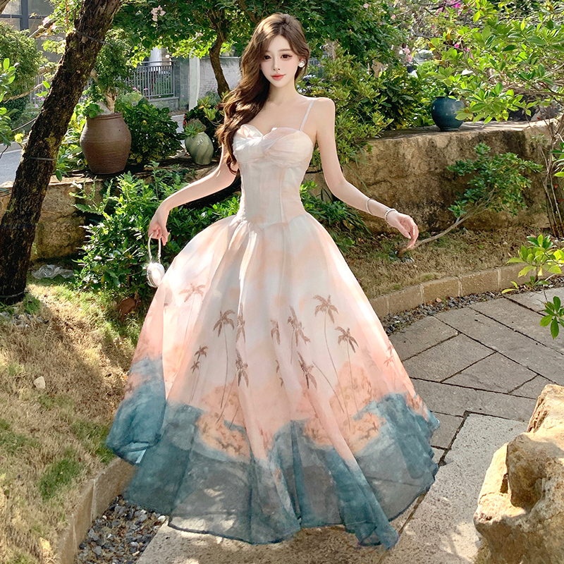 Printing blooming long dress France style temperament dress