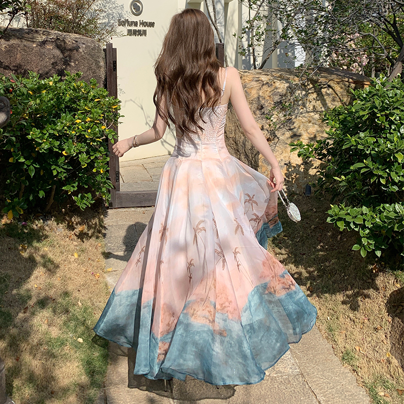 Printing blooming long dress France style temperament dress