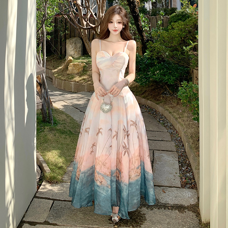 Printing blooming long dress France style temperament dress