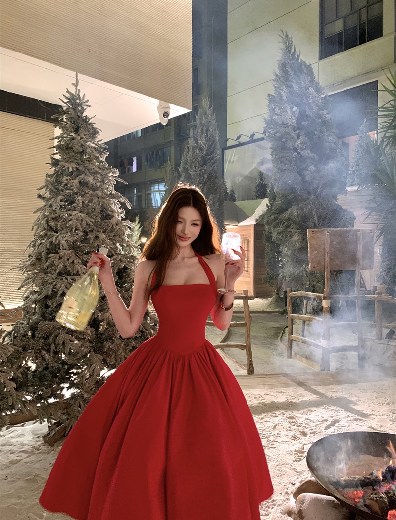 Red drape formal dress halter France style dress for women