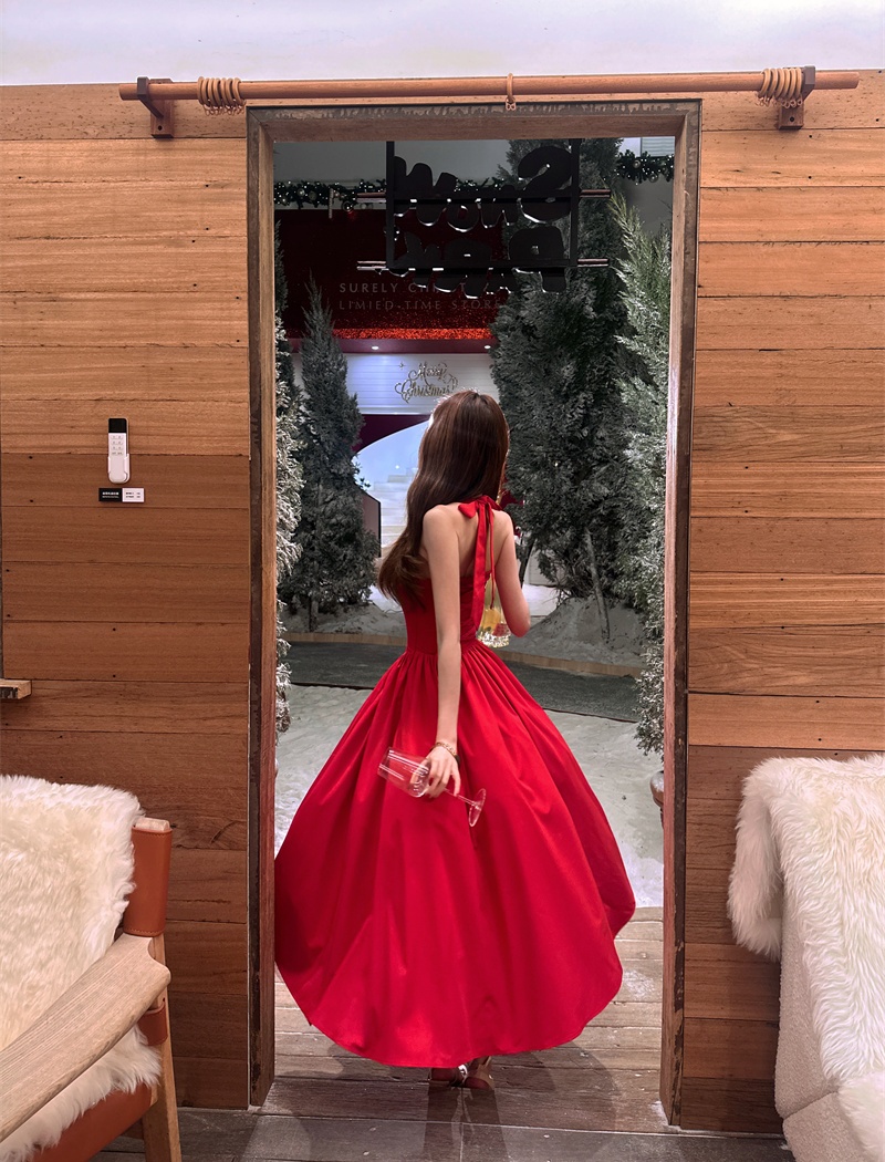 Red drape formal dress halter France style dress for women