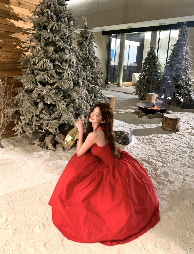 Red drape formal dress halter France style dress for women