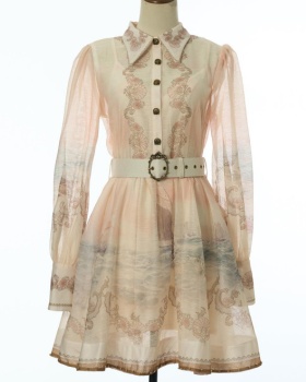 Lapel pinched waist vacation mini pattern dress