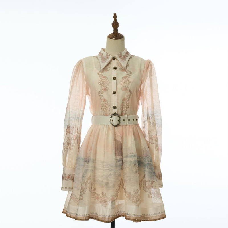 Lapel pinched waist vacation mini pattern dress