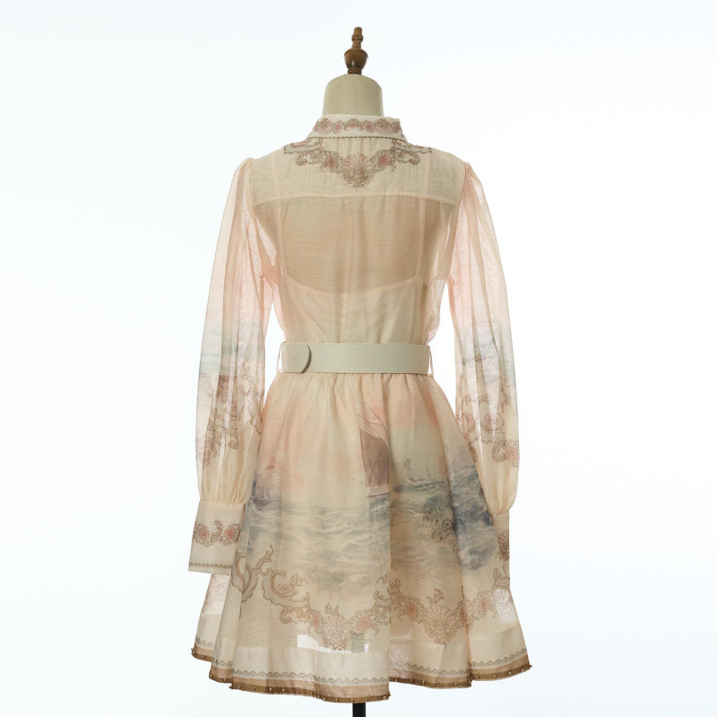 Lapel pinched waist vacation mini pattern dress