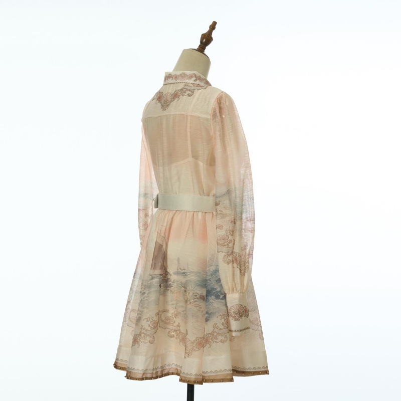 Lapel pinched waist vacation mini pattern dress