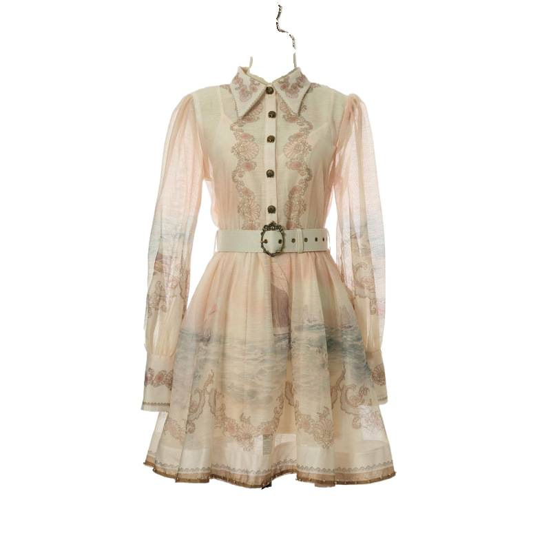 Lapel pinched waist vacation mini pattern dress