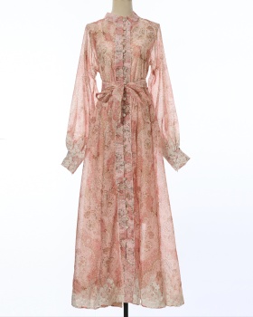 Pinched waist long long dress long sleeve flowers dress