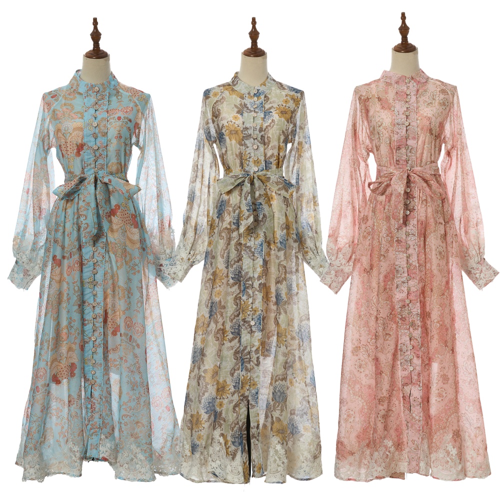 Pinched waist long long dress long sleeve flowers dress