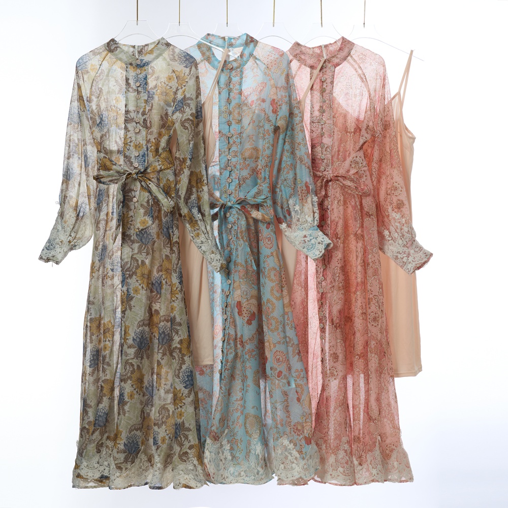 Pinched waist long long dress long sleeve flowers dress