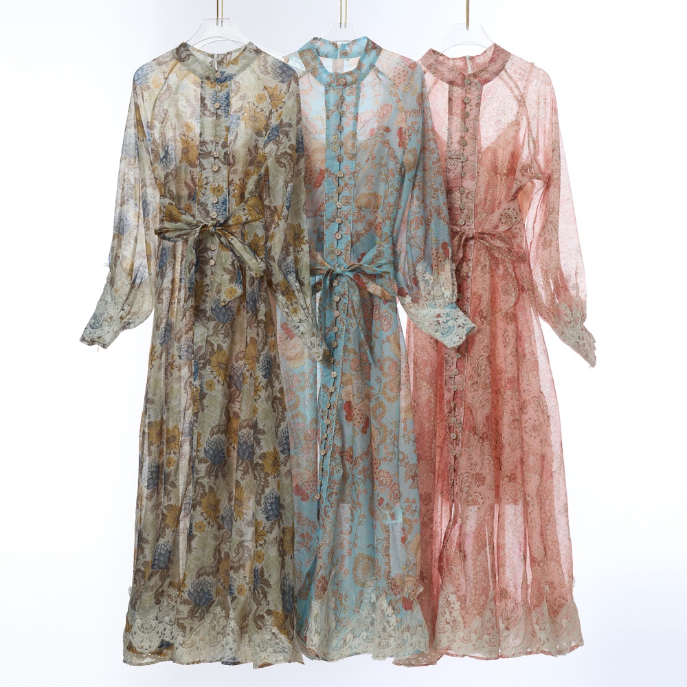 Pinched waist long long dress long sleeve flowers dress