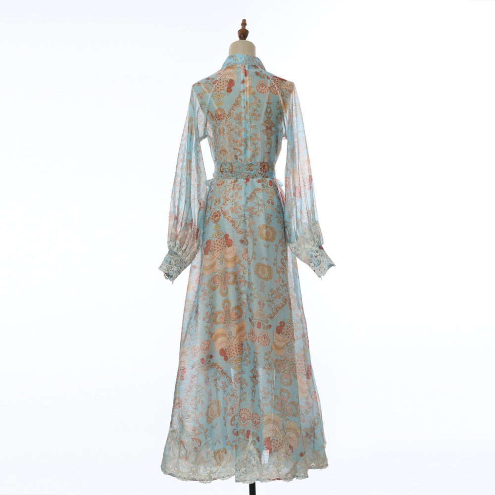 Pinched waist long long dress long sleeve flowers dress