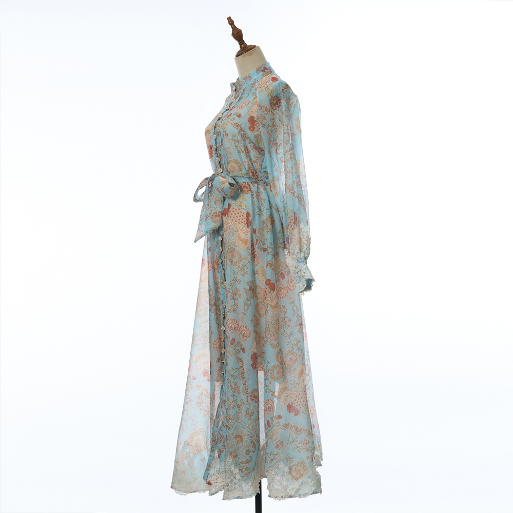 Pinched waist long long dress long sleeve flowers dress