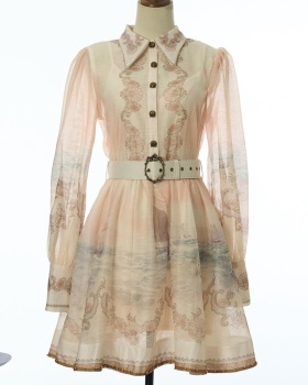 Mini vacation pinched waist lapel printing pattern dress