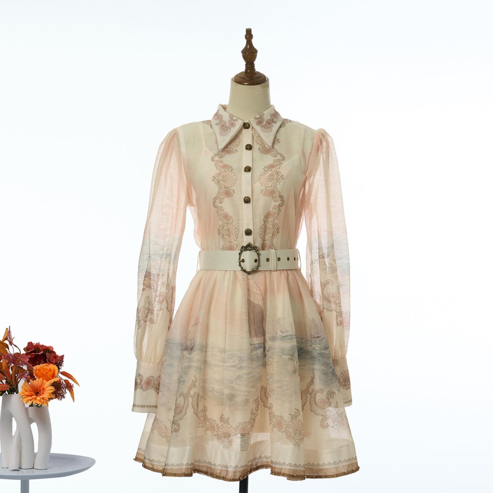 Mini vacation pinched waist lapel printing pattern dress