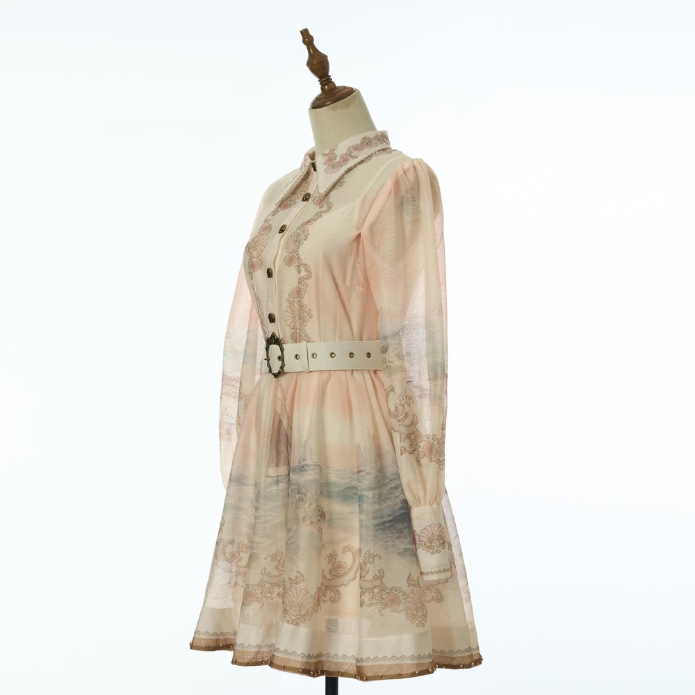 Mini vacation pinched waist lapel printing pattern dress