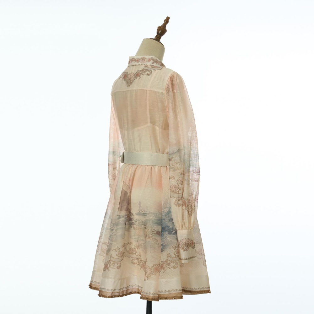 Mini vacation pinched waist lapel printing pattern dress