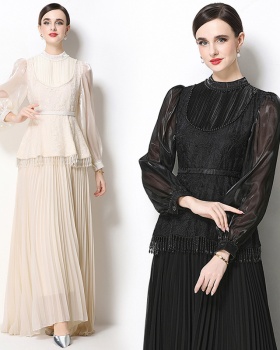 Pleated France style temperament retro long dress