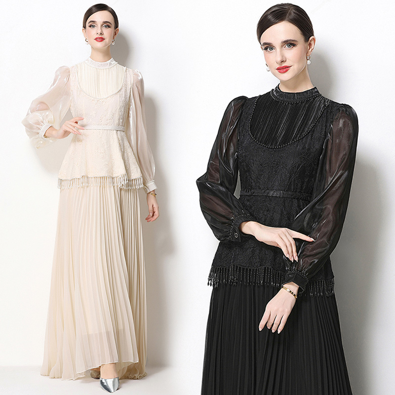 Pleated France style temperament retro long dress