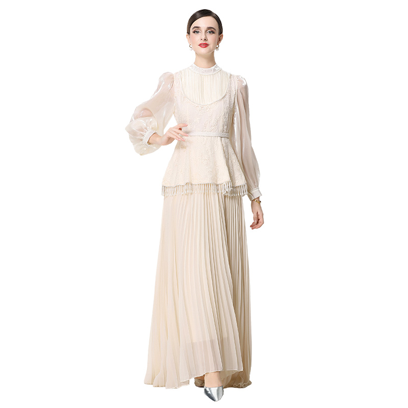 Pleated France style temperament retro long dress
