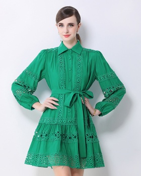 Splice long sleeve spring retro printing hollow lace dress