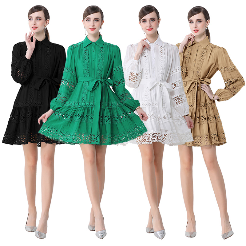 Splice long sleeve spring retro printing hollow lace dress
