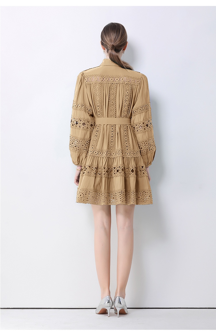 Splice long sleeve spring retro printing hollow lace dress