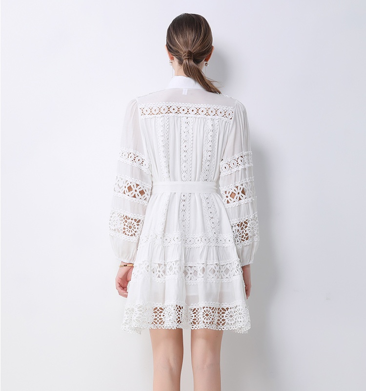 Splice long sleeve spring retro printing hollow lace dress