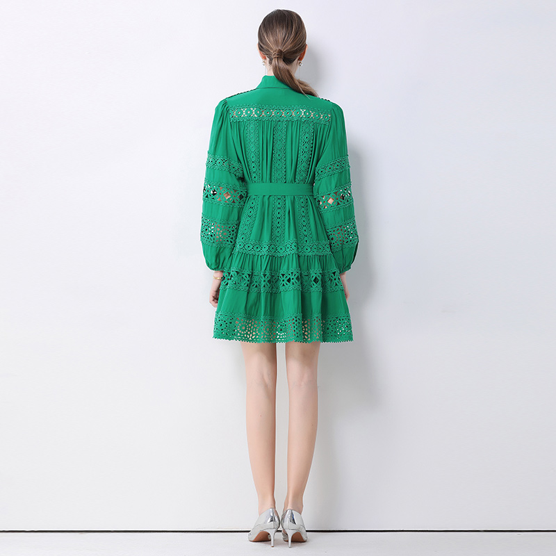 Splice long sleeve spring retro printing hollow lace dress