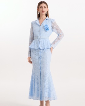 Court style lace with belt mermaid temperament dress