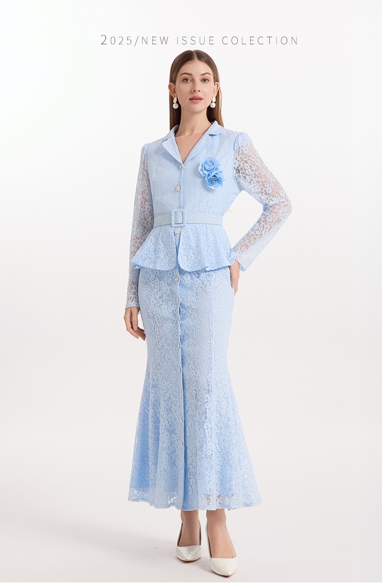 Court style lace with belt mermaid temperament dress