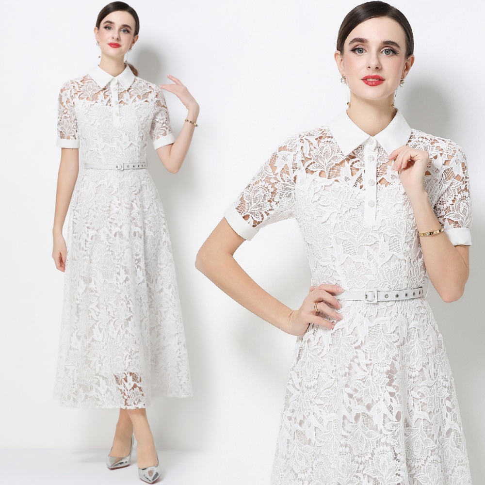 France style pinched waist dress with belt long dress