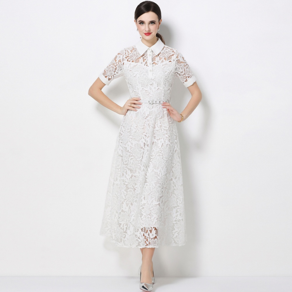 France style pinched waist dress with belt long dress