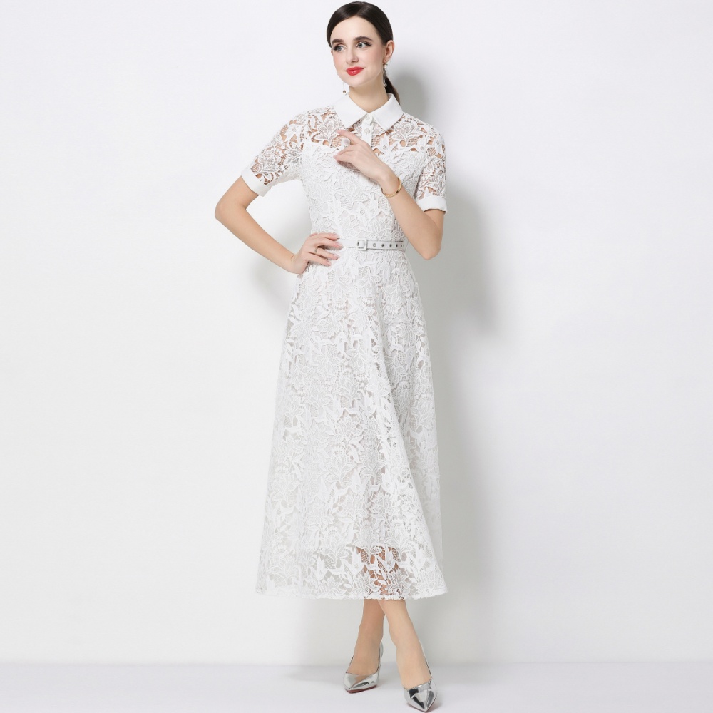 France style pinched waist dress with belt long dress