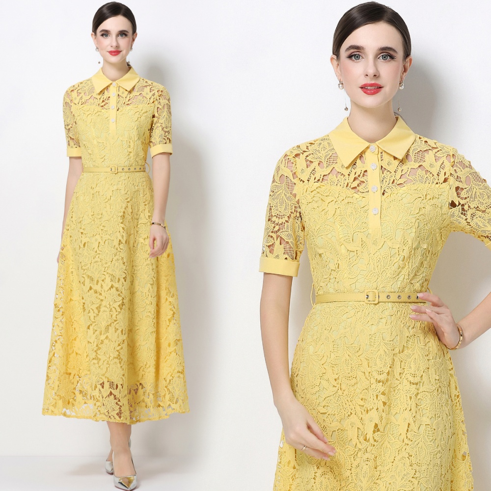 Slim France style long dress with belt lace dress for women