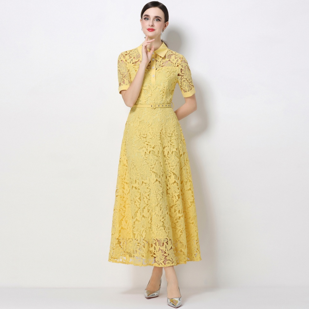 Slim France style long dress with belt lace dress for women