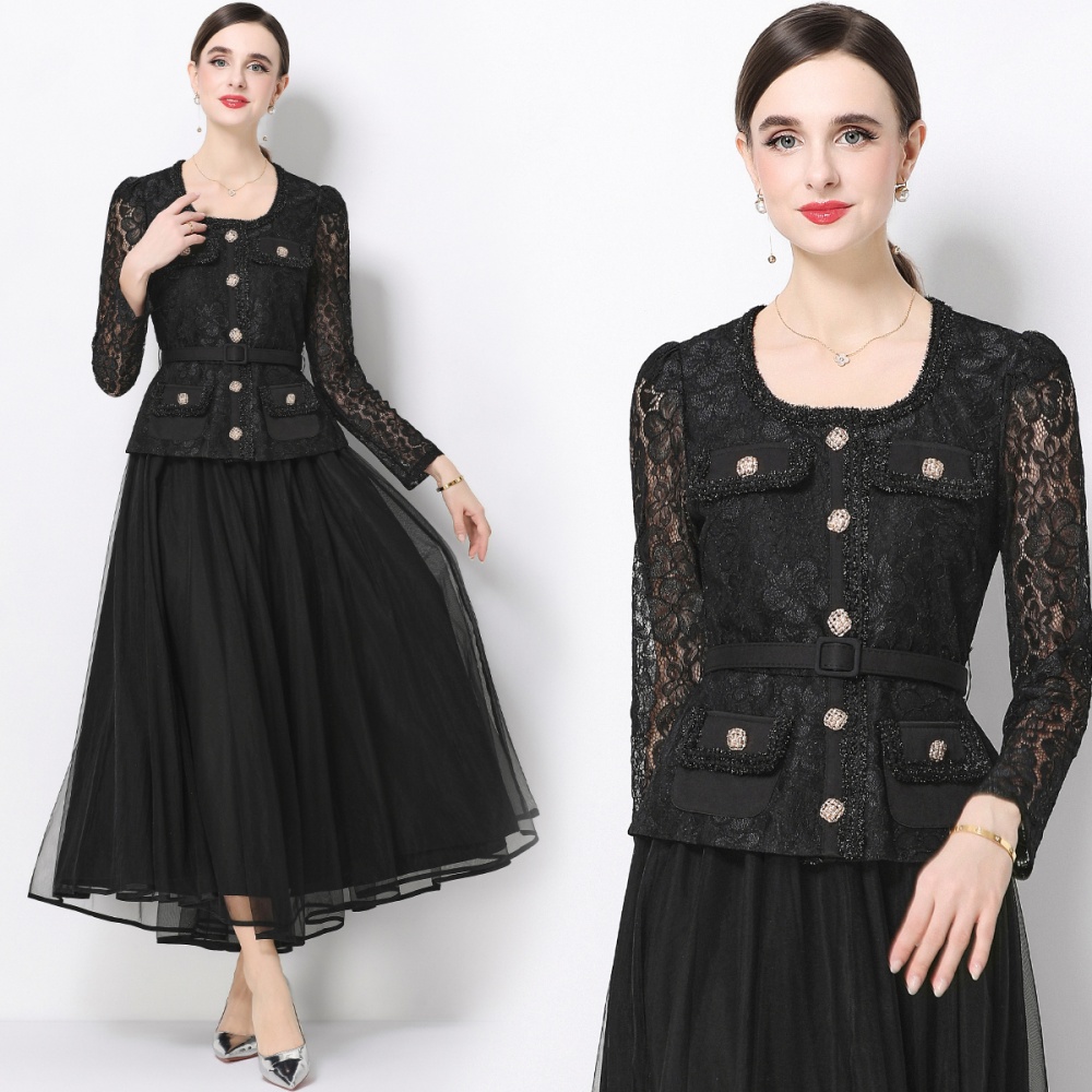 Ladies slim gauze France style dress 2pcs set