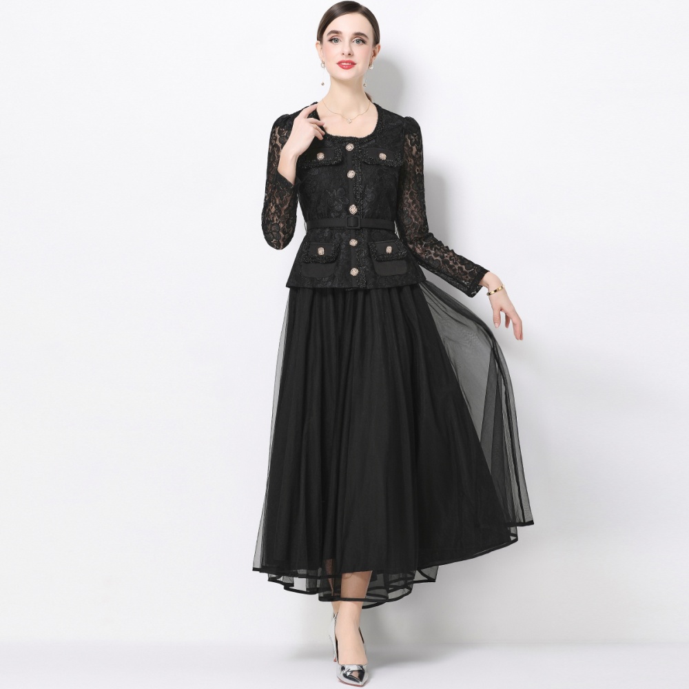 Ladies slim gauze France style dress 2pcs set