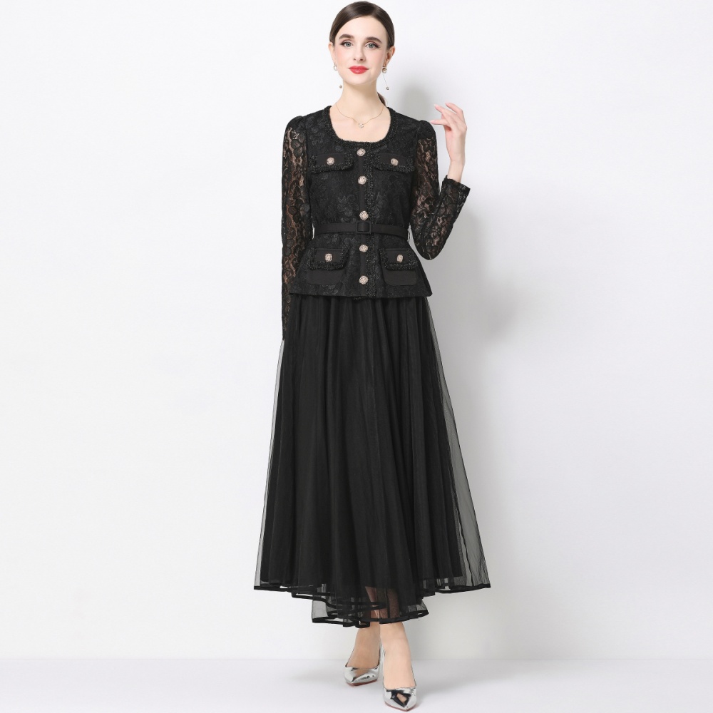 Ladies slim gauze France style dress 2pcs set