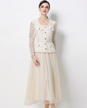 Light luxury slim ladies round neck lace dress 2pcs set