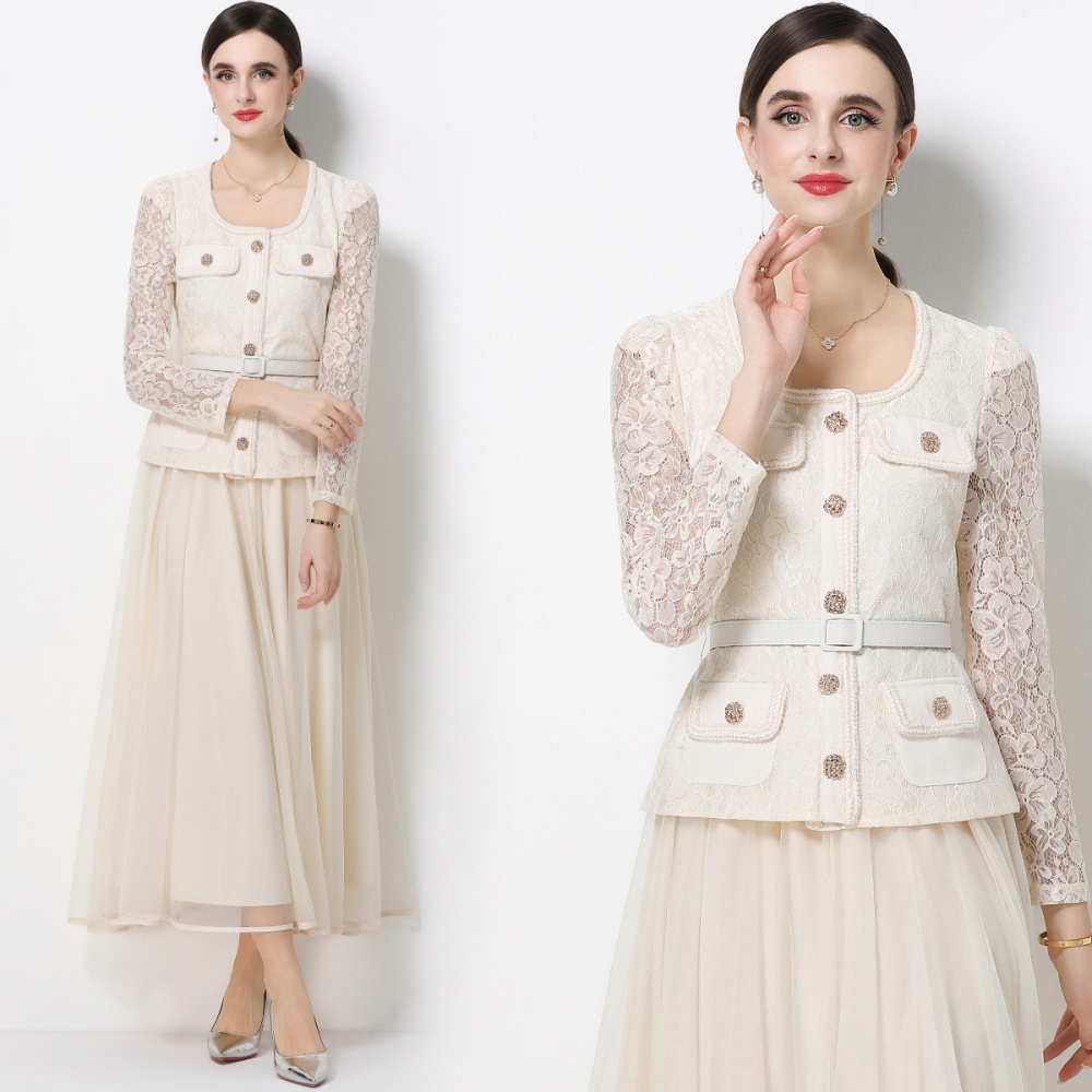 Light luxury slim ladies round neck lace dress 2pcs set