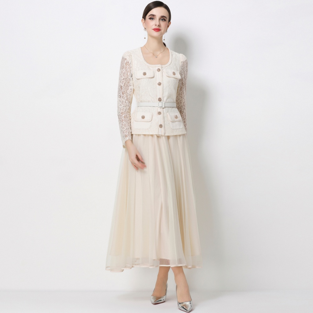 Light luxury slim ladies round neck lace dress 2pcs set