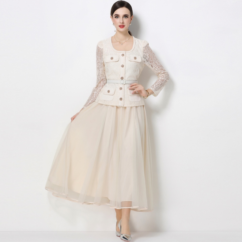 Light luxury slim ladies round neck lace dress 2pcs set