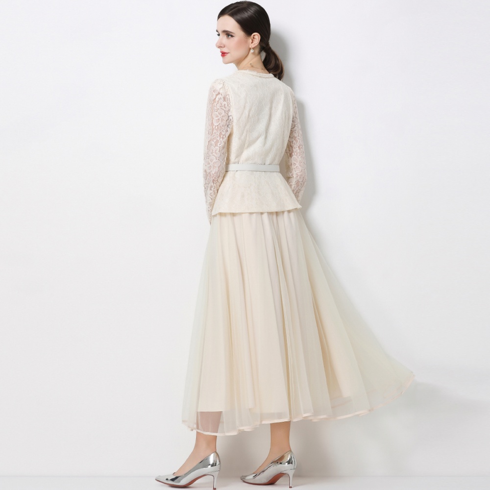 Light luxury slim ladies round neck lace dress 2pcs set